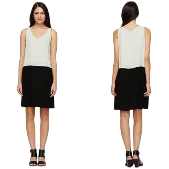 Eileen Fisher Silk Two Tone V Neck Sleeveless Shift Dress Bone Black - Picture 1 of 10